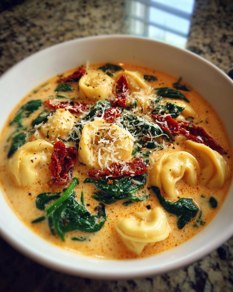 Close-up of a bowl of Creamy Tuscan Tortellini Soup featuring tortellini, spinach, sun-dried tomatoes, and grated Parmesan.