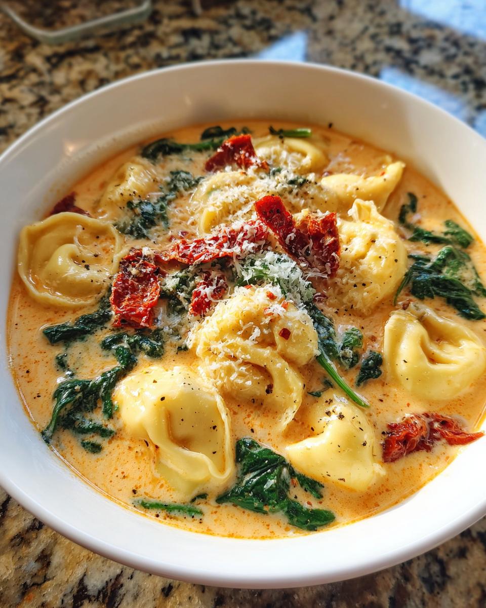 A close-up of a white bowl filled with Creamy Tuscan Tortellini Soup, featuring tortellini, spinach, sun-dried tomatoes, and grated Parmesan.