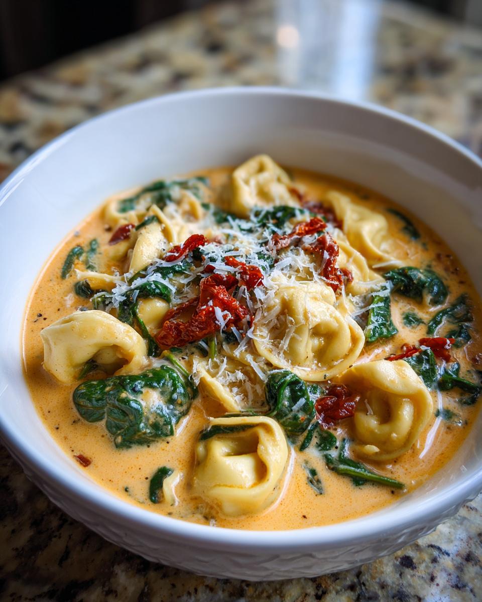 A close-up of Creamy Tuscan Tortellini Soup featuring tortellini, spinach, sun-dried tomatoes, and Parmesan cheese.