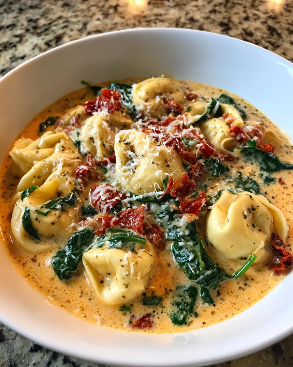 A close-up shot of a white bowl filled with Creamy Tuscan Tortellini Soup, featuring tortellini, spinach, sun-dried tomatoes, and grated Parmesan.