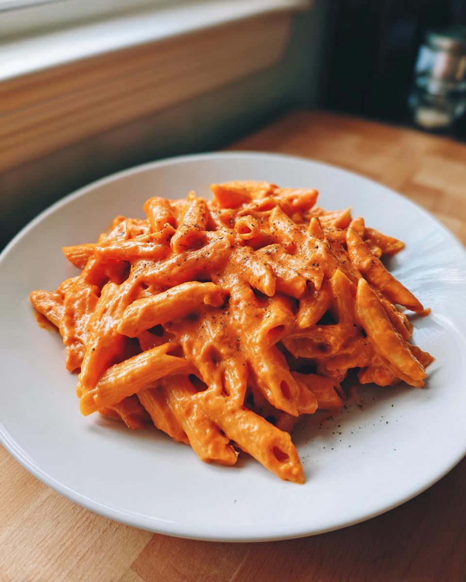 A close-up of penne pasta generously coated in a rich, creamy orange Vodka Sauce, seasoned with black pepper.