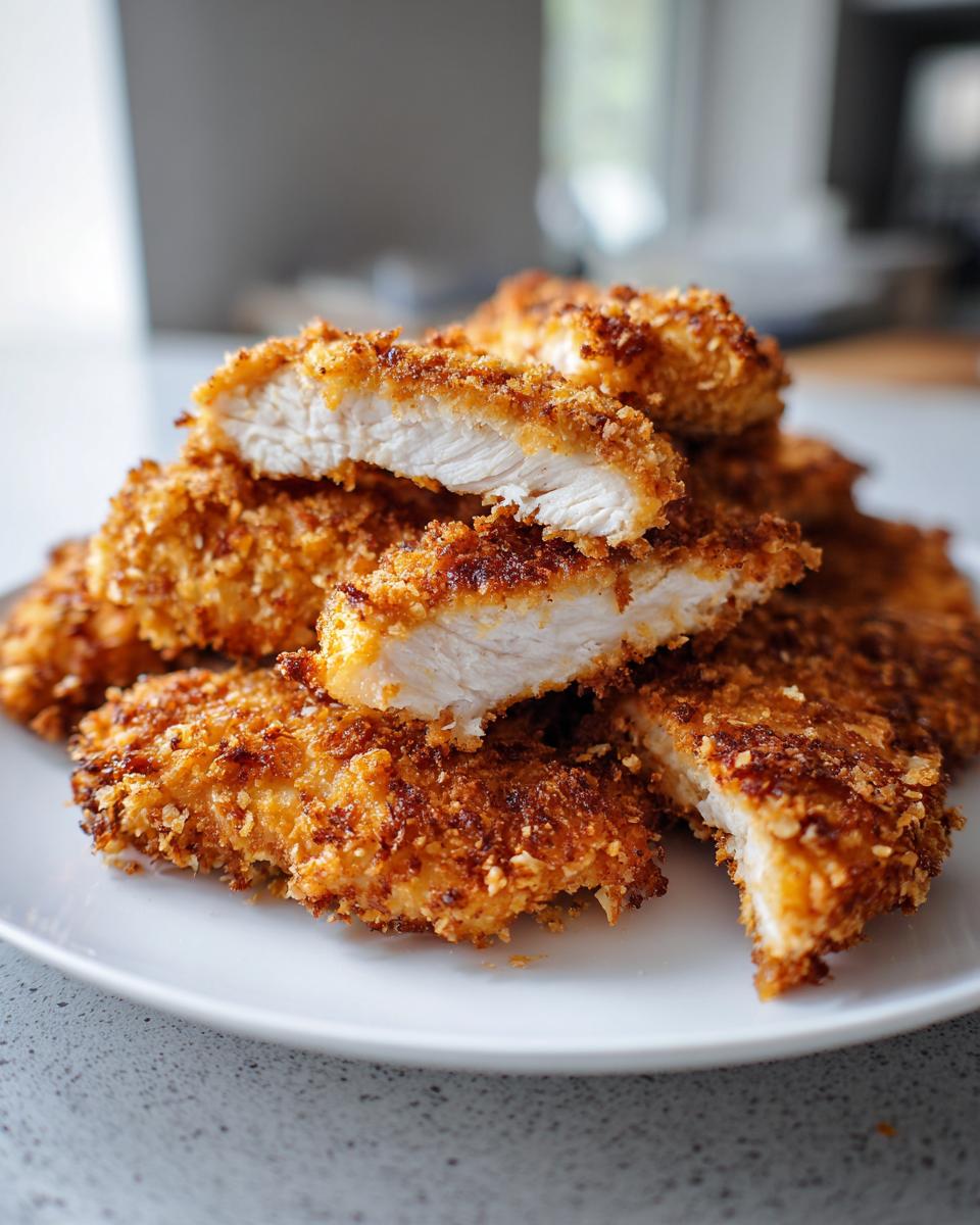 Close-up of Crispy Baked Chicken Tenders stacked on a white plate, showing a moist white interior.