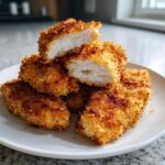A stack of golden brown Crispy Baked Chicken Tenders, one cut open showing juicy white meat inside.
