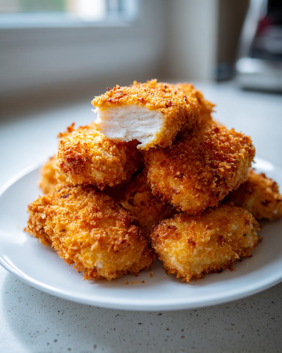 A stack of golden brown, crispy baked chicken tenders on a white plate, with one tender broken open showing the white meat inside.