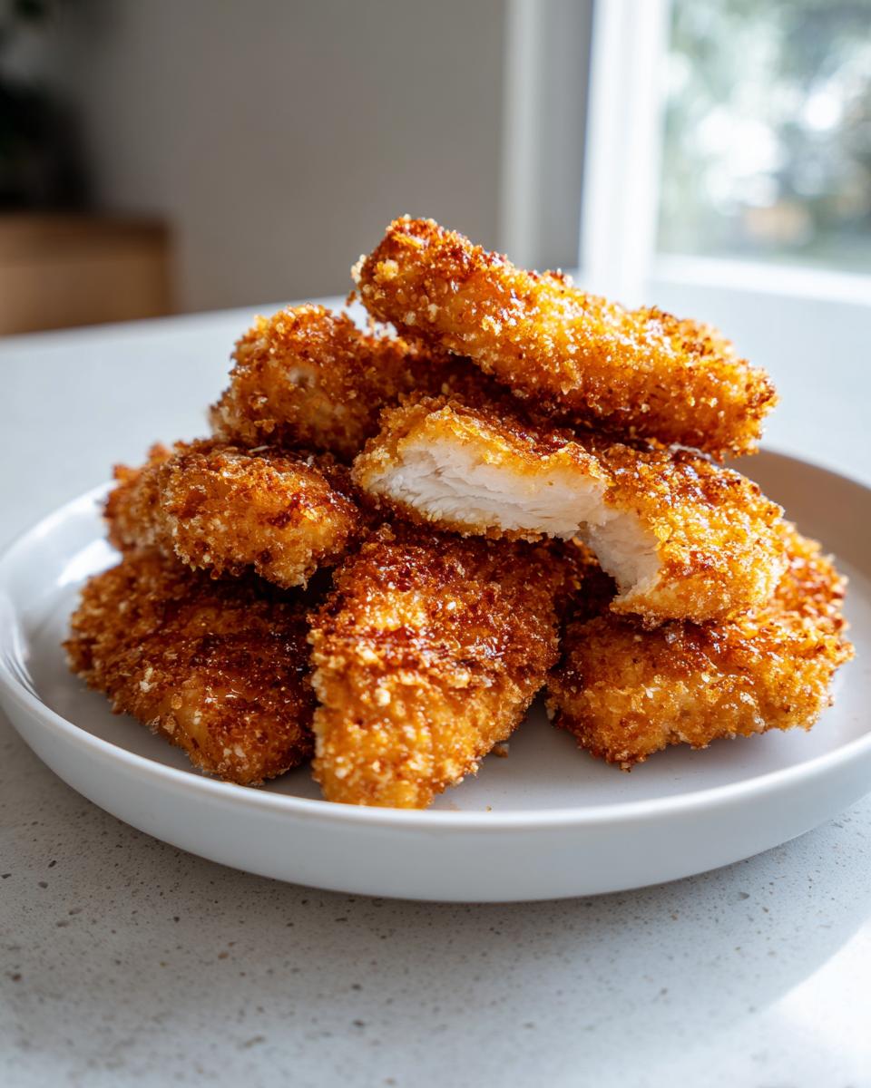 A stack of golden brown, crispy baked chicken tenders, with one piece broken open showing the white interior.