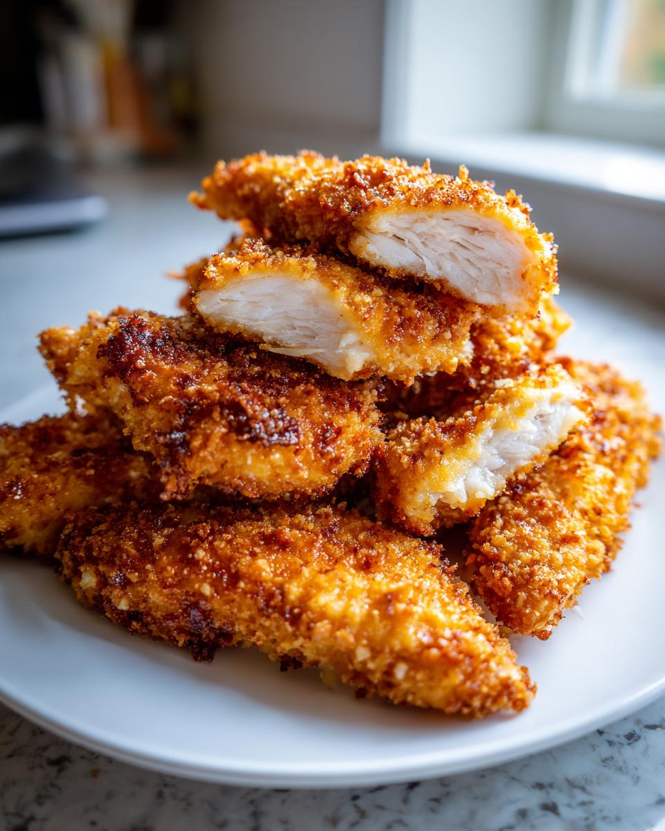 A stack of golden brown, crispy baked chicken tenders on a white plate, one cut open showing juicy white meat.