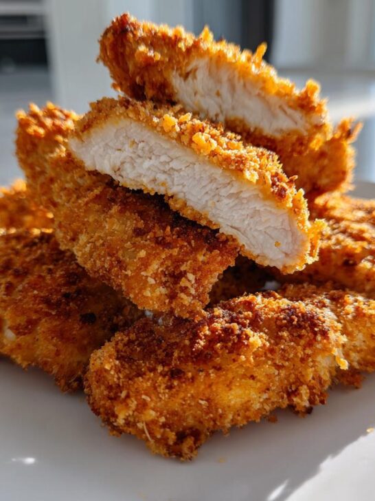 A stack of golden brown Crispy Baked Chicken Tenders, one cut open to show juicy white meat inside.