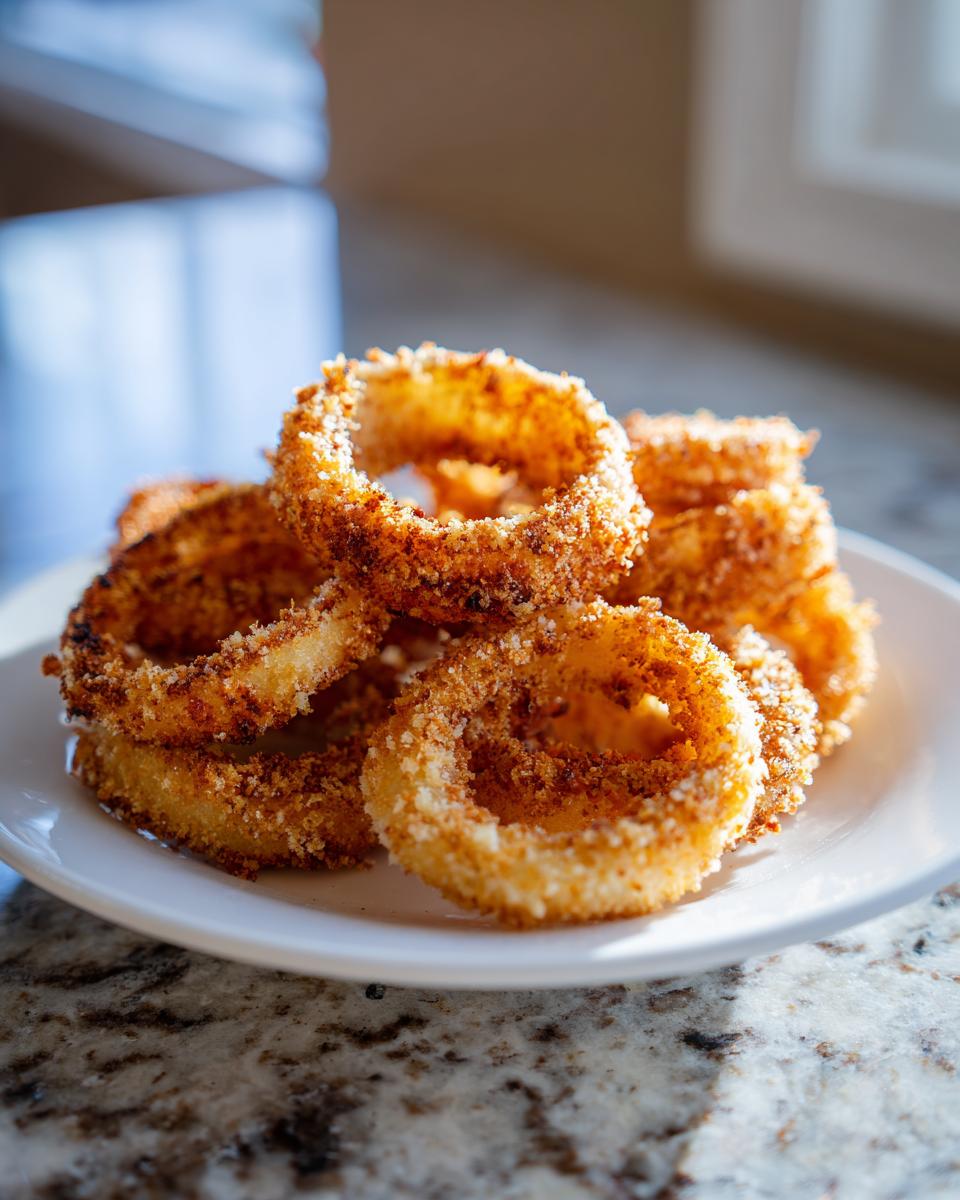 A close-up of golden brown, crunchy Crispy Baked Onion Rings piled high on a white plate.