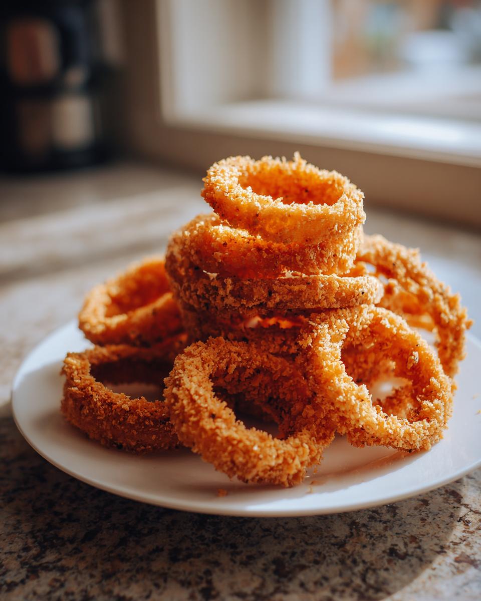A close-up stack of golden brown, breaded Crispy Baked Onion Rings on a white plate.