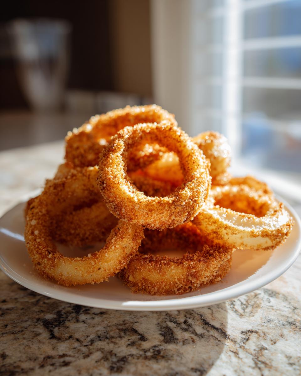 A stack of golden brown, perfectly coated Crispy Baked Onion Rings piled high on a white plate, catching sunlight.