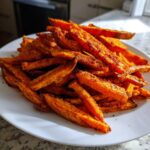 A close-up shot of a generous pile of perfectly cooked, orange Crispy Cajun Sweet Potato Fries seasoned heavily.