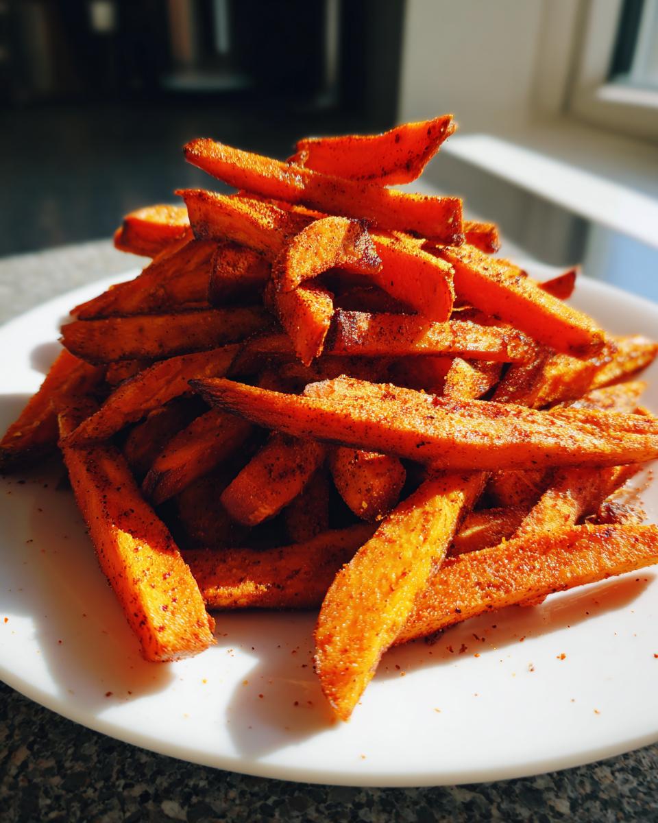 A tall pile of vibrant orange, seasoned Crispy Cajun Sweet Potato Fries served on a white plate.