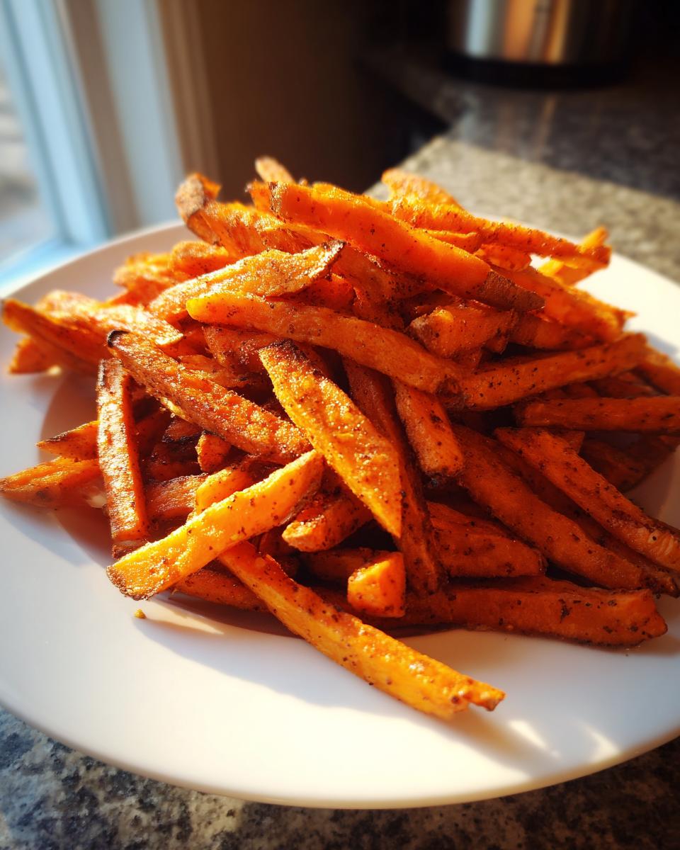 A mound of perfectly Crispy Cajun Sweet Potato Fries seasoned with spices, piled on a white plate.