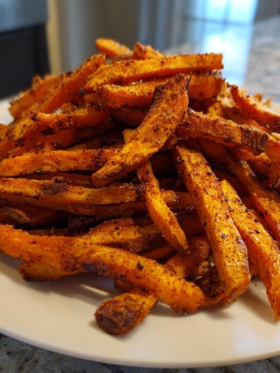 A large mound of perfectly cooked, seasoned Crispy Cajun Sweet Potato Fries piled high on a white plate.