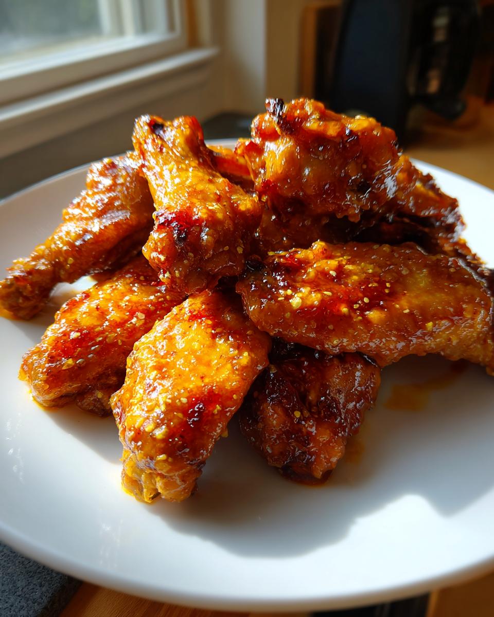 A close-up of several glazed Crispy Lemon Pepper Buffalo Wings piled on a white plate, glistening under natural light.