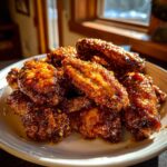 A close-up of a pile of glistening, crispy Lemon Pepper Buffalo Wings coated in sauce and seasoning.