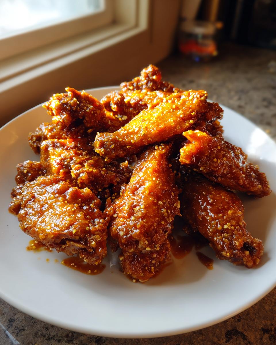 A white plate piled high with glossy, glazed Crispy Lemon Pepper Buffalo Wings sprinkled with visible seasoning.