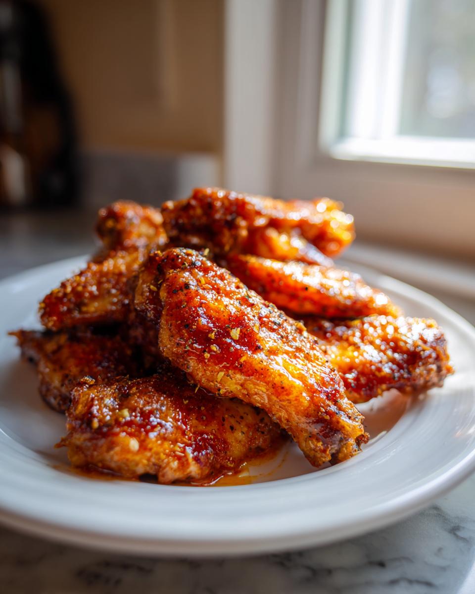 A plate piled high with glistening, crispy lemon pepper buffalo wings, coated in spices and sauce.