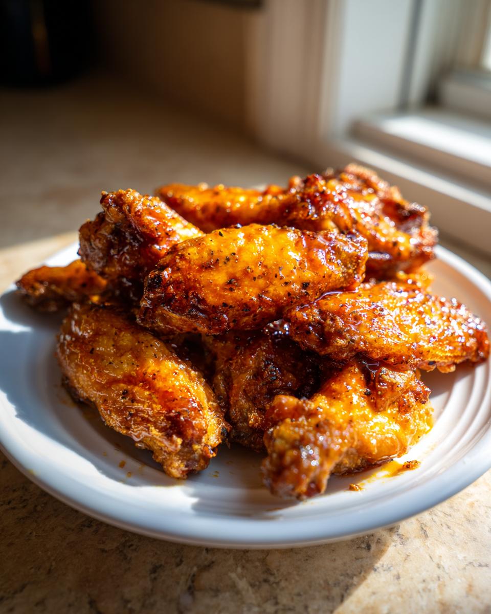 A pile of glossy, crispy Lemon Pepper Buffalo Wings coated in sauce and seasoning on a white plate.