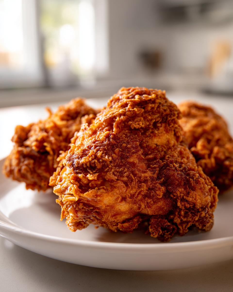 Three pieces of golden brown, heavily battered Crispy Oven Fried Chicken resting on a white plate.