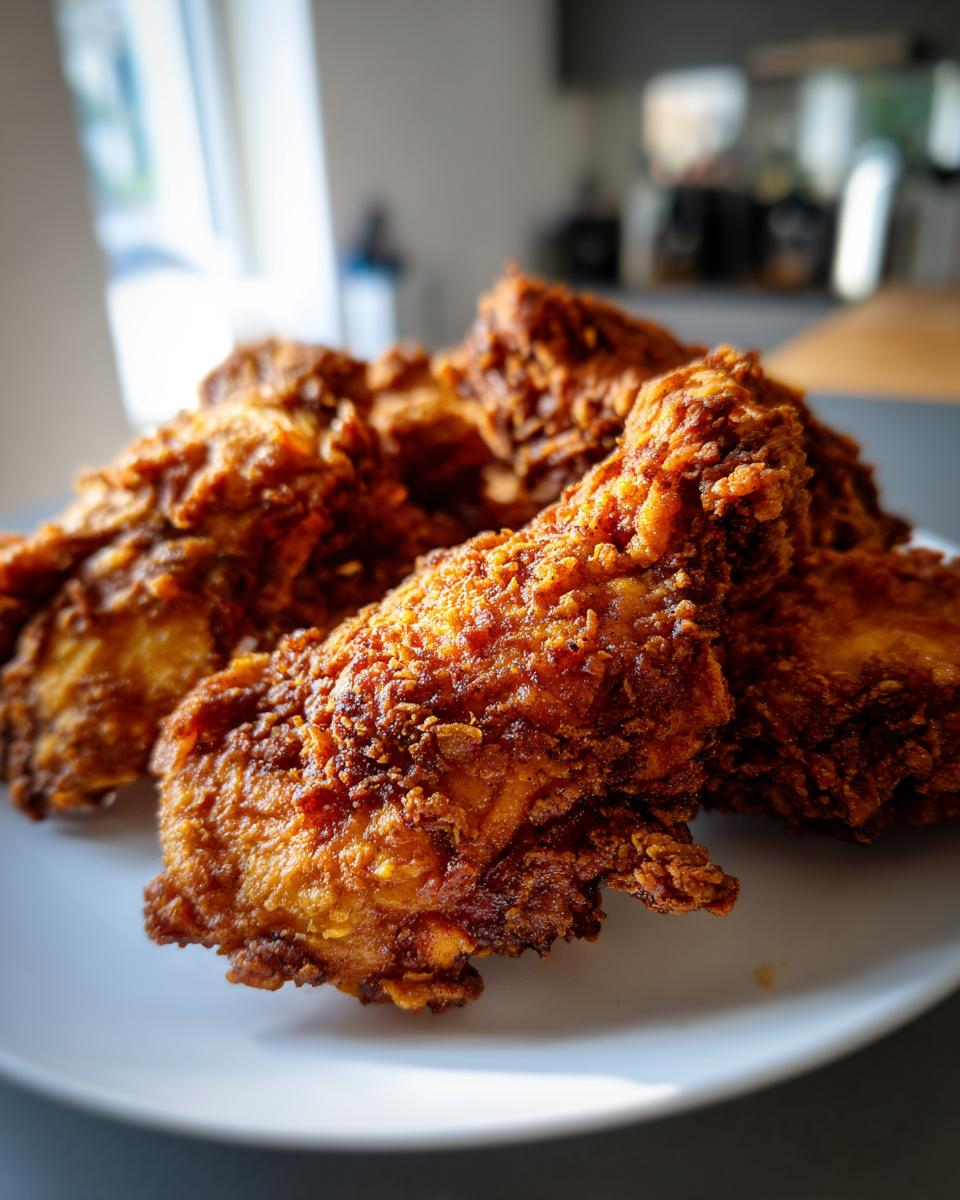 Close-up of several pieces of golden brown, very crispy oven fried chicken piled on a white plate.