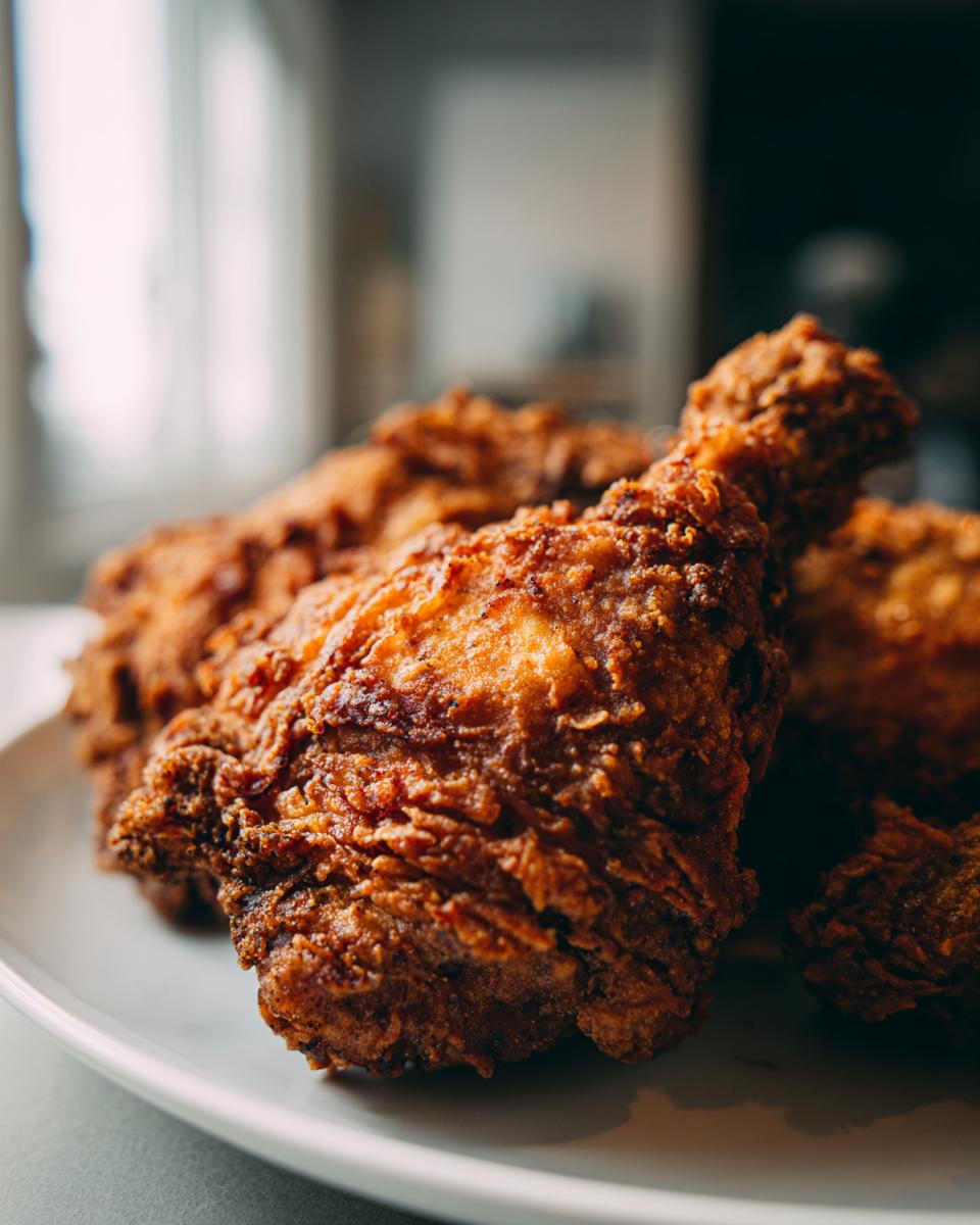 A close-up of a golden-brown, heavily textured piece of Crispy Oven Fried Chicken resting on a white plate.