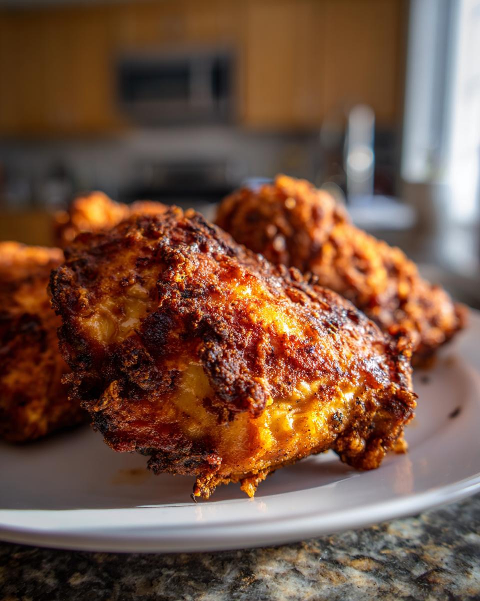 Close-up of a piece of Crispy Oven Fried Chicken with a dark, crunchy crust resting on a white plate.