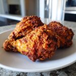 Three pieces of incredibly crispy oven fried chicken with a deep golden-brown crust served on a white plate.