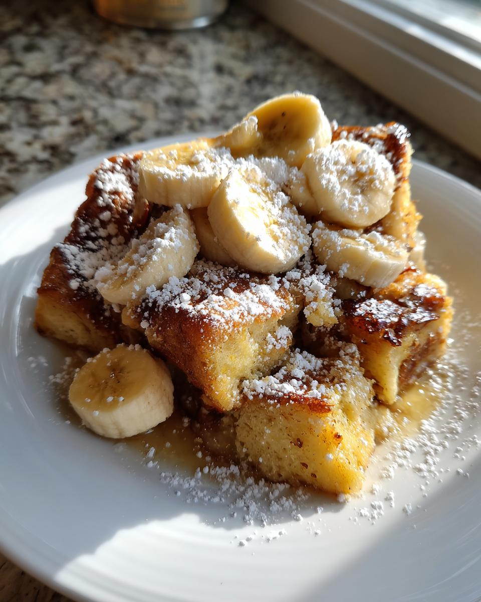 A golden serving of Crock Pot Creamy Banana French Toast topped with fresh banana slices and powdered sugar.