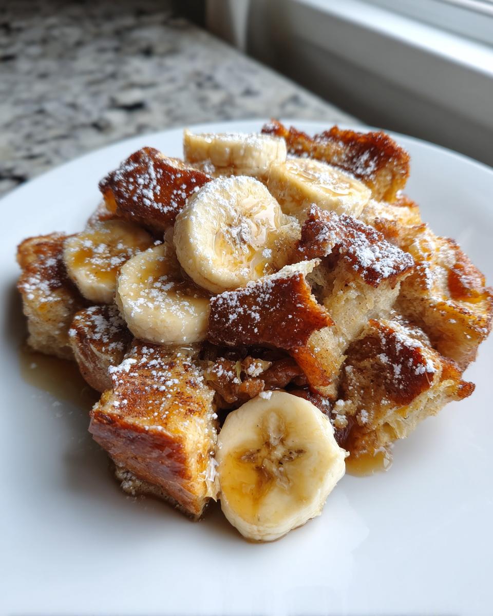 A serving of Crock Pot Creamy Banana French Toast topped with banana slices, syrup, and powdered sugar.