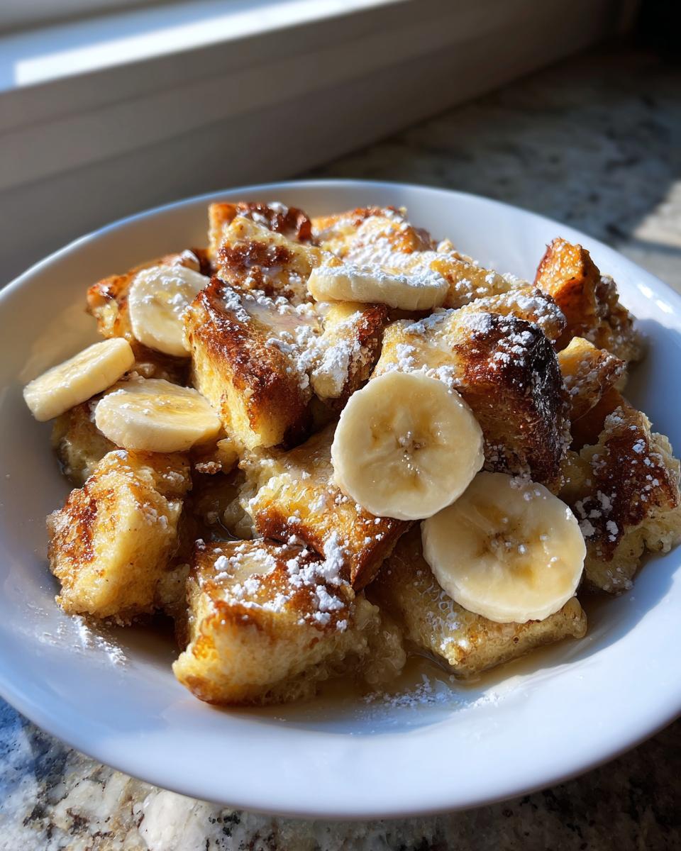 A white bowl filled with chunks of golden brown Crock Pot Creamy Banana French Toast, topped with banana slices and powdered sugar.