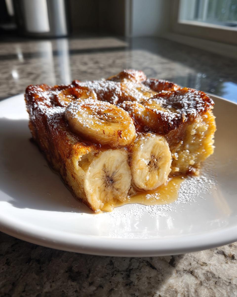 A golden-brown slice of Crock Pot Creamy Banana French Toast topped with caramelized banana slices and powdered sugar.
