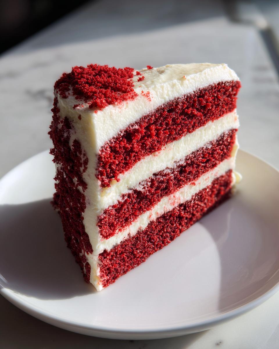 A tall, moist slice of Decadent Red Velvet Cake with thick layers of white cream cheese frosting.
