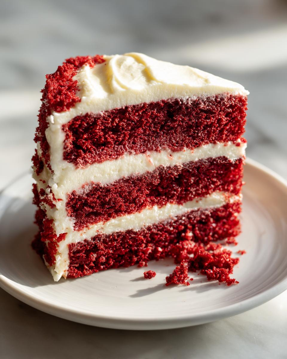 A tall slice of Decadent Red Velvet Cake With Cream Cheese Frosting showing three layers of deep red cake and white frosting.