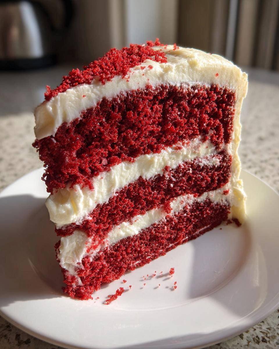 A tall, three-layer slice of Decadent Red Velvet Cake With Cream Cheese Frosting on a white plate.