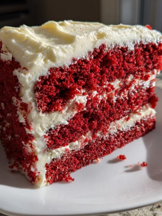 A tall slice of Decadent Red Velvet Cake With Cream Cheese Frosting showing three vibrant red layers.