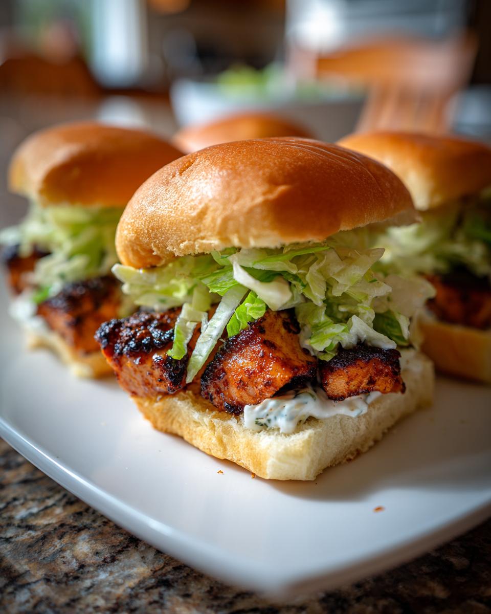 Close-up of Easy Blackened Salmon Sliders featuring blackened salmon pieces, creamy sauce, and shredded lettuce on small slider buns.