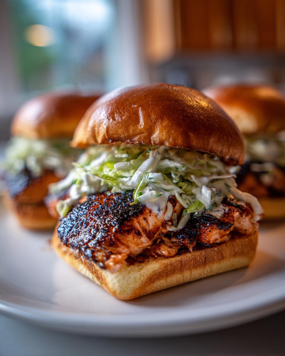 A close-up of one of the Easy Blackened Salmon Sliders, featuring blackened salmon, creamy slaw, and a brioche bun.