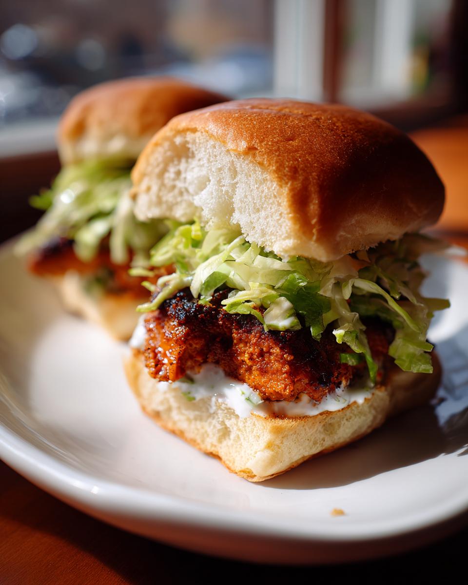 Two Easy Blackened Salmon Sliders featuring blackened salmon, creamy sauce, and shredded lettuce on soft buns.