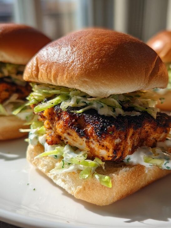 Close-up of several Easy Blackened Salmon Sliders featuring blackened fish, slaw, and creamy sauce on brioche buns.