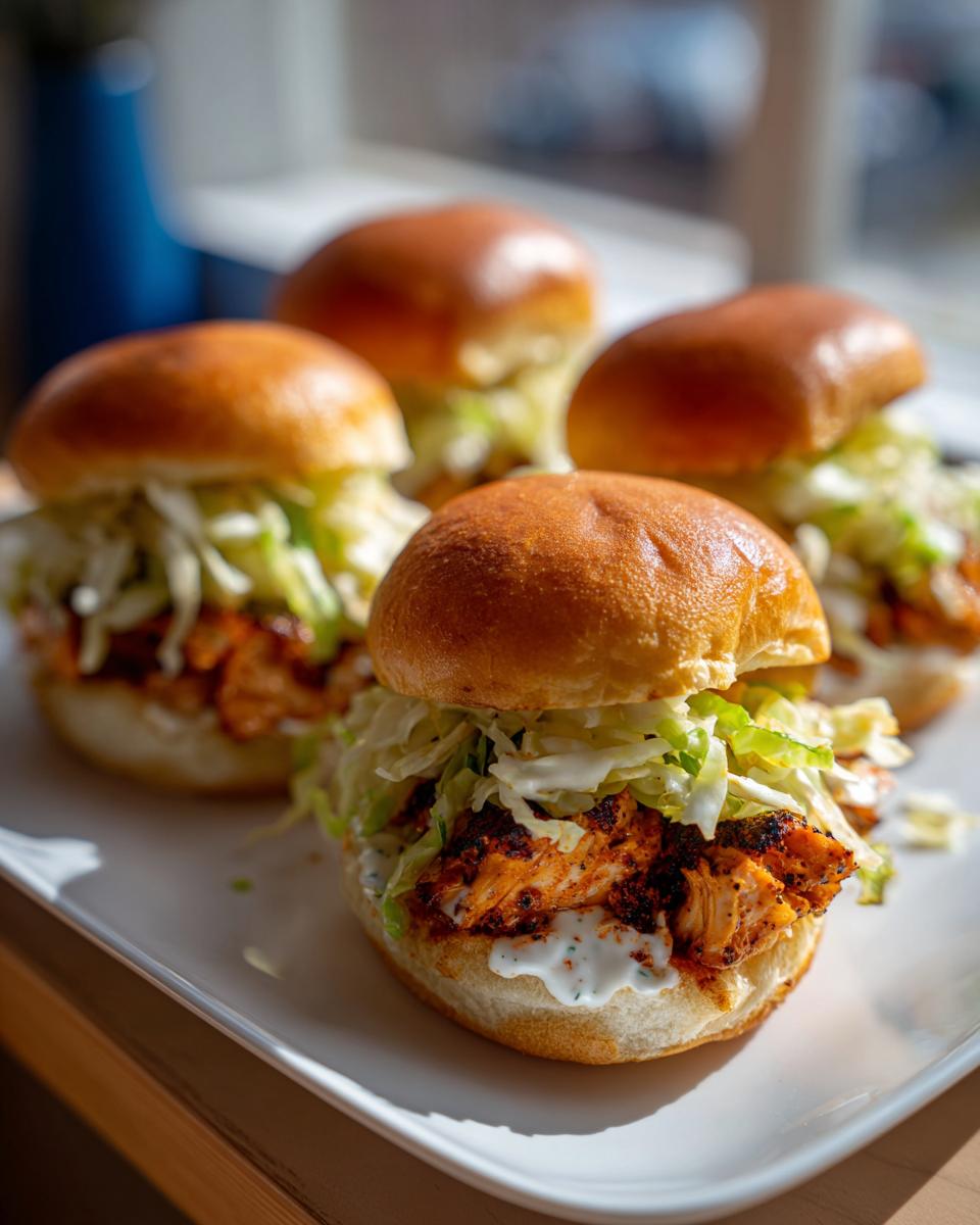 Four delicious Easy Blackened Salmon Sliders topped with creamy slaw on soft brioche buns.