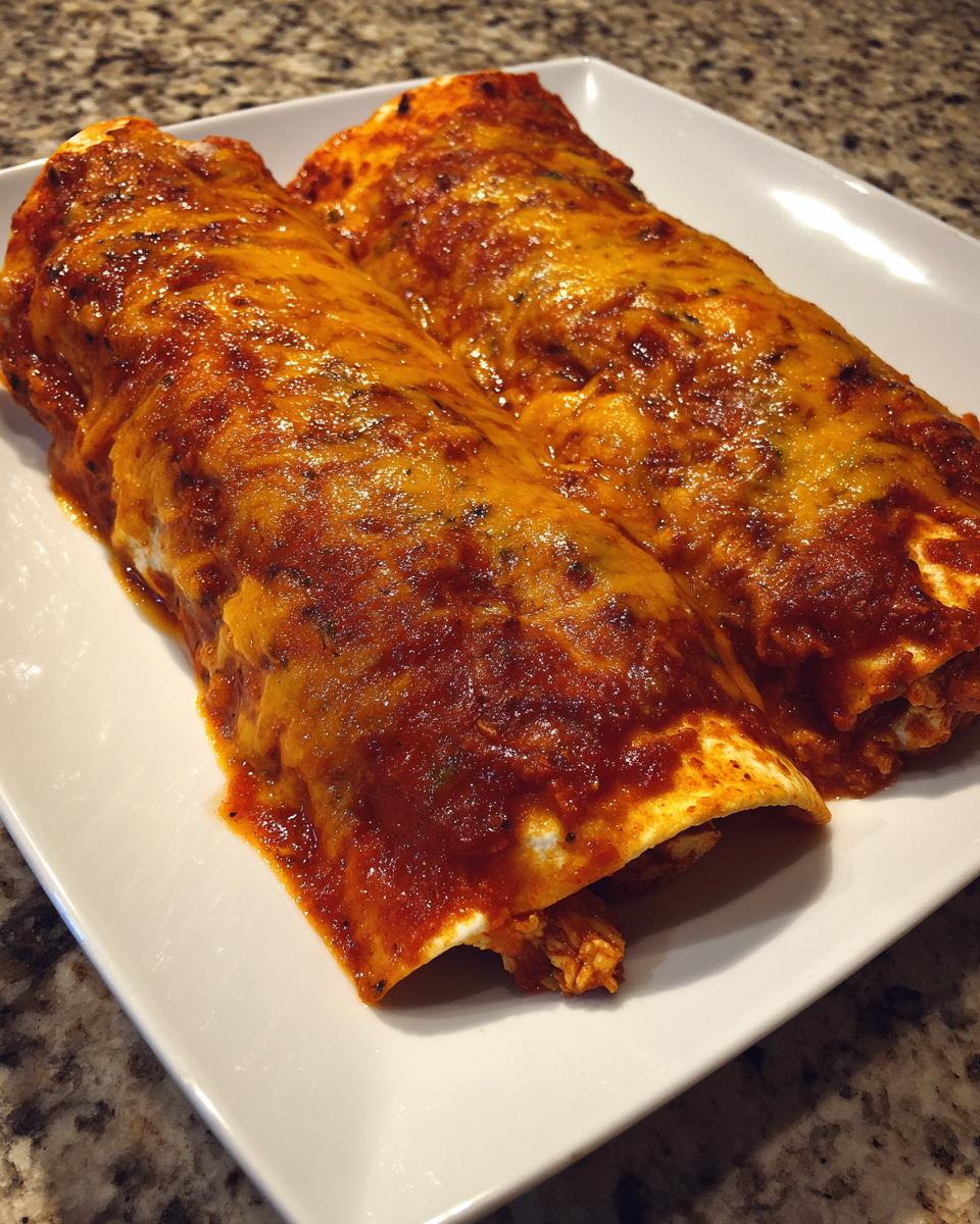 Two baked Easy Chicken Enchiladas covered in red sauce and melted orange cheese on a white plate.