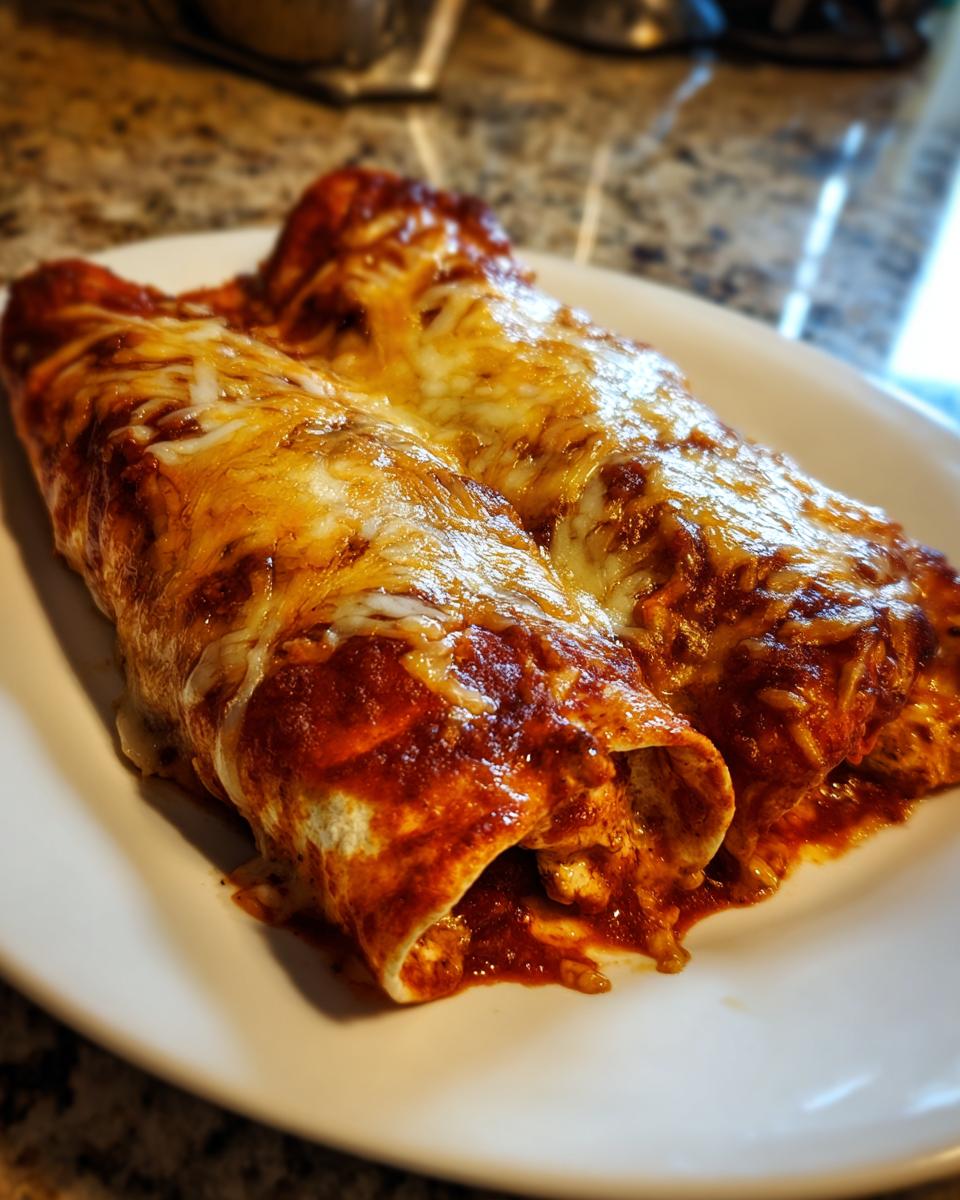 Two freshly baked Easy Chicken Enchiladas covered in melted cheese and red sauce on a white plate.