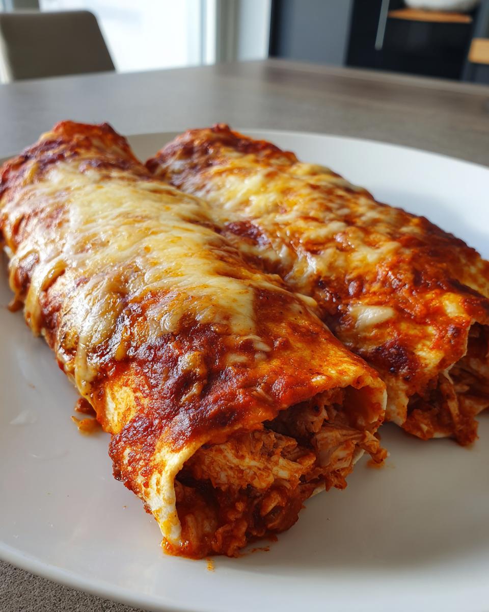 Two baked Easy Chicken Enchiladas covered in red sauce and melted, bubbly cheese on a white plate.