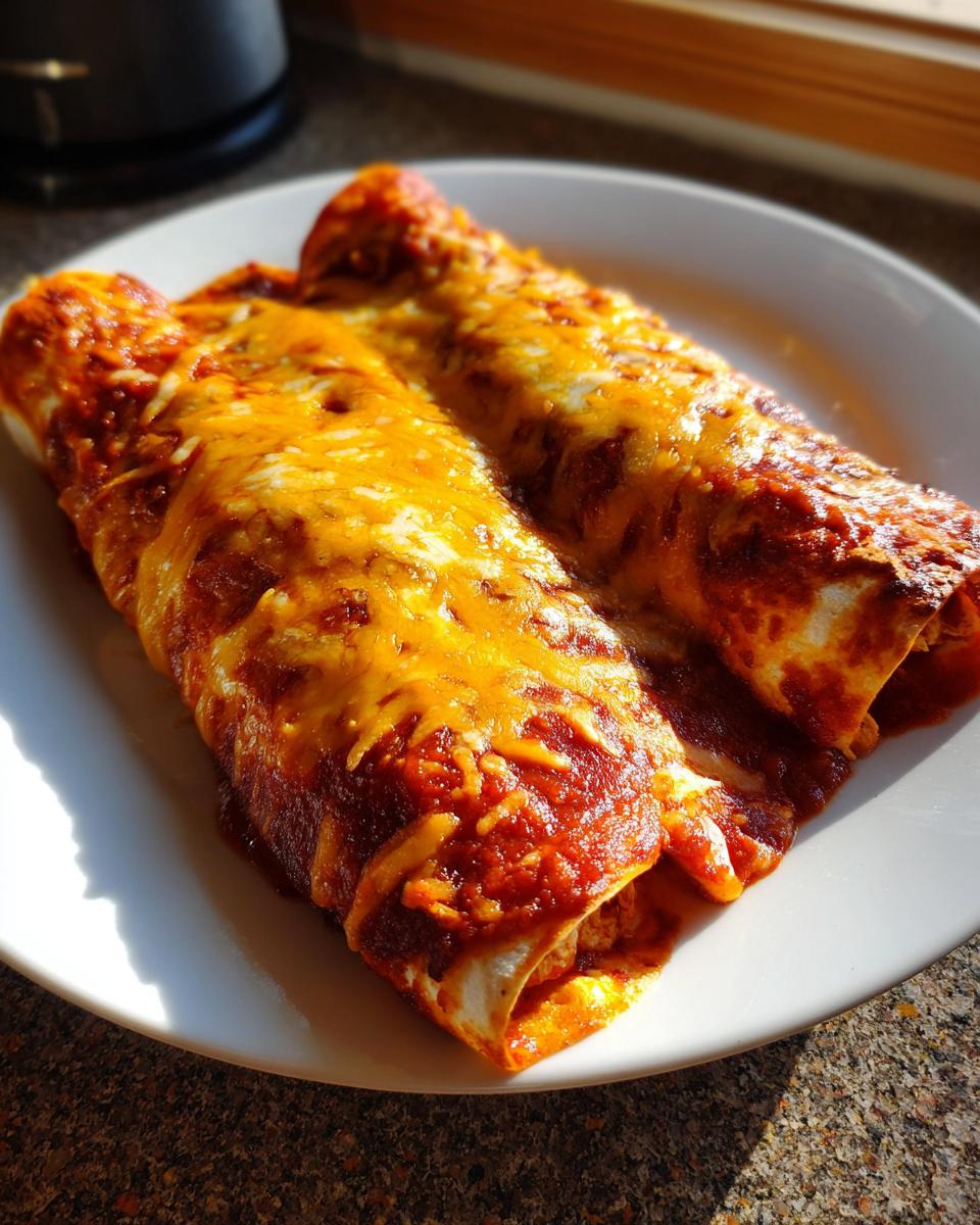 Two perfectly baked Easy Chicken Enchiladas covered in red sauce and melted cheddar cheese on a white plate.