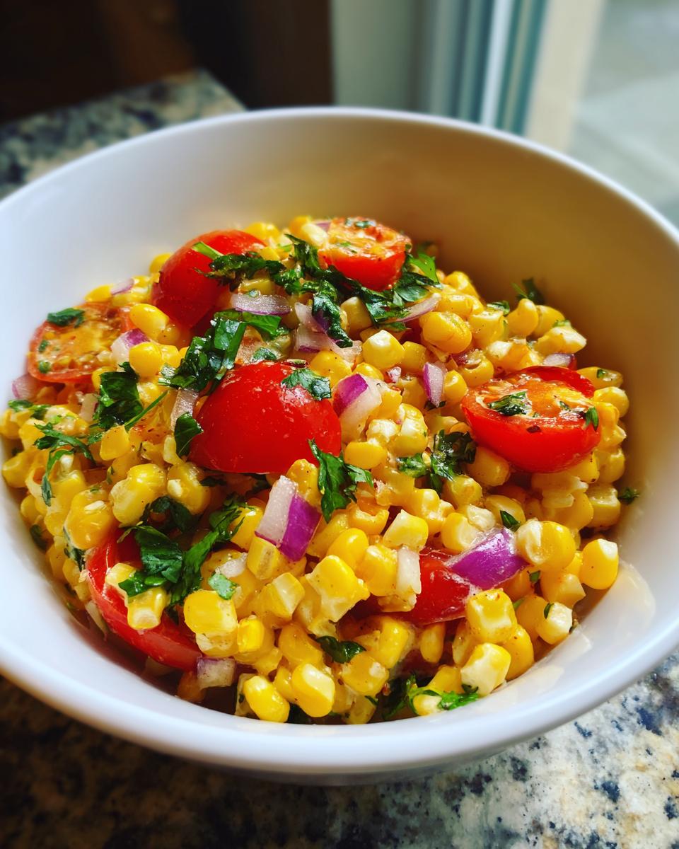 Close-up of Easy Loaded Corn Salad featuring yellow corn, halved cherry tomatoes, red onion, and parsley in a white bowl.