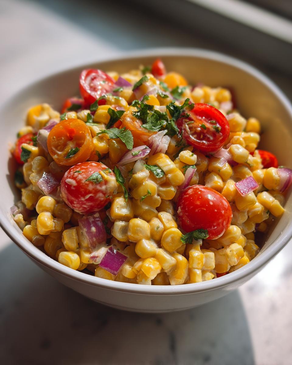 Close-up of a white bowl filled with Easy Loaded Corn Salad featuring corn, halved cherry tomatoes, and red onion.