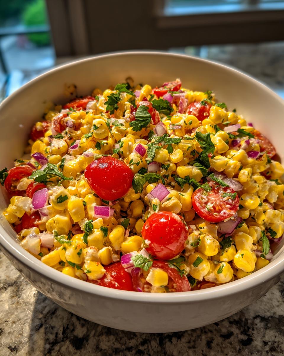 A vibrant bowl of Easy Loaded Corn Salad featuring corn kernels, cherry tomatoes, red onion, and parsley.