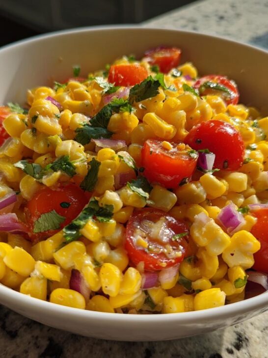 Close-up of a white bowl filled with Easy Loaded Corn Salad featuring corn, cherry tomatoes, and red onion.