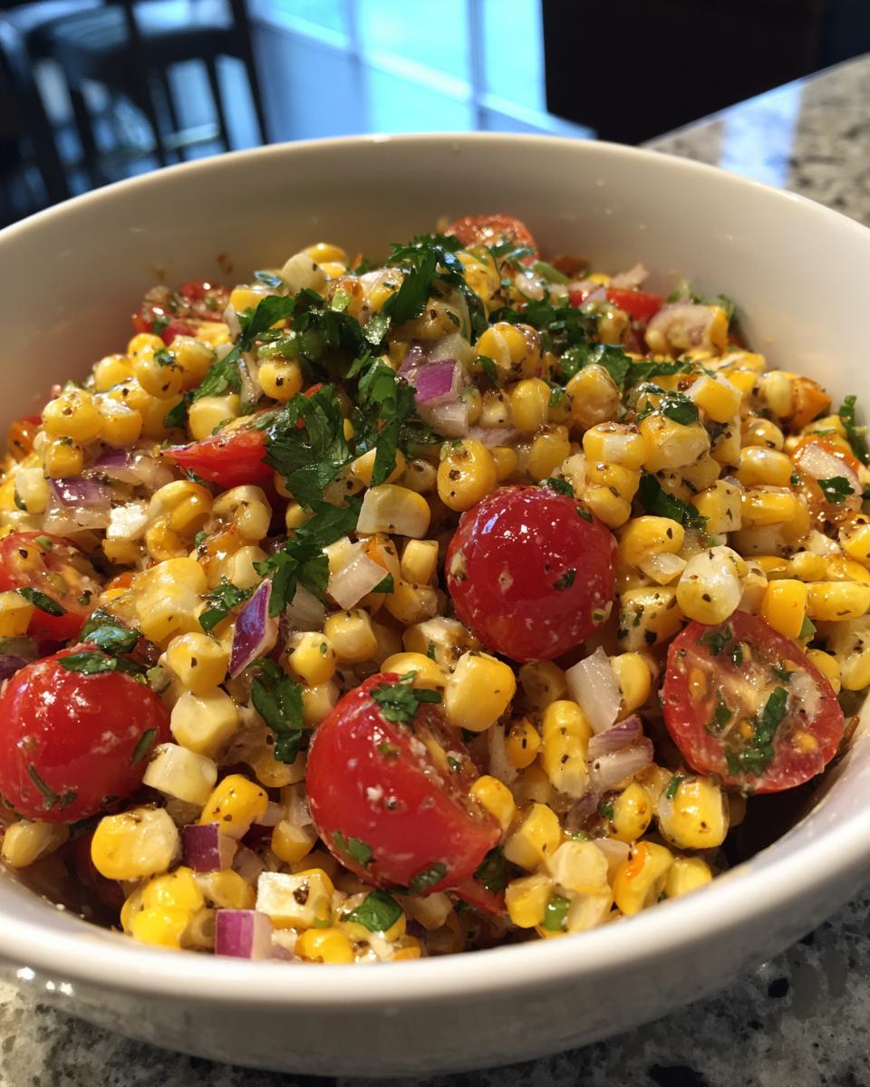 Close-up of Easy Loaded Corn Salad featuring corn kernels, halved cherry tomatoes, red onion, and cilantro in a white bowl.